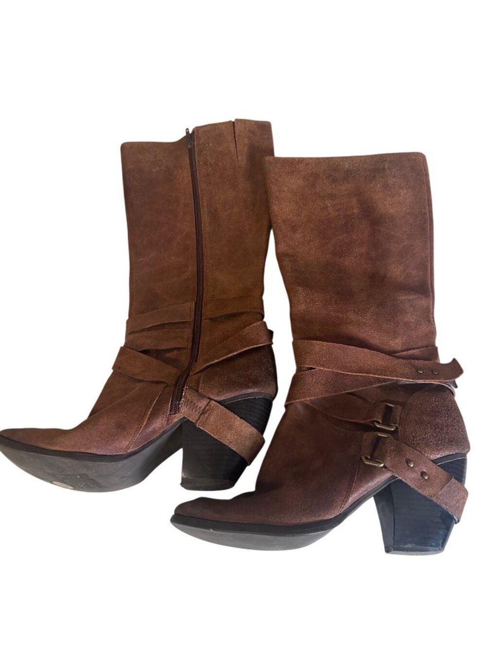 Fergie brown leather distressed riding boots with harness straps and heel strap